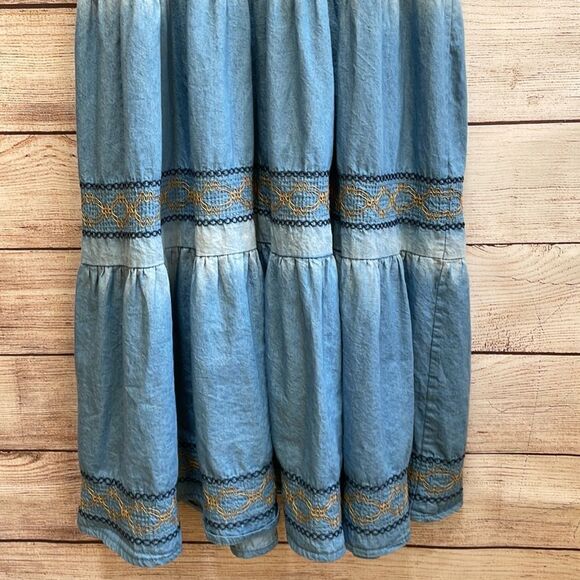 ANTHROPOLOGIE RED + OLIVE PEASANT MAXI DRESS IN BLUE CHAMBRAY - Picture 7 of 9